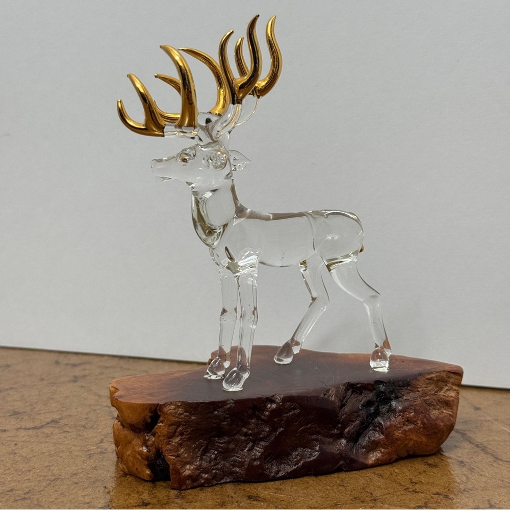 Artisan Gold and Clear Glass Deer Figurine on Burl Wood Slab